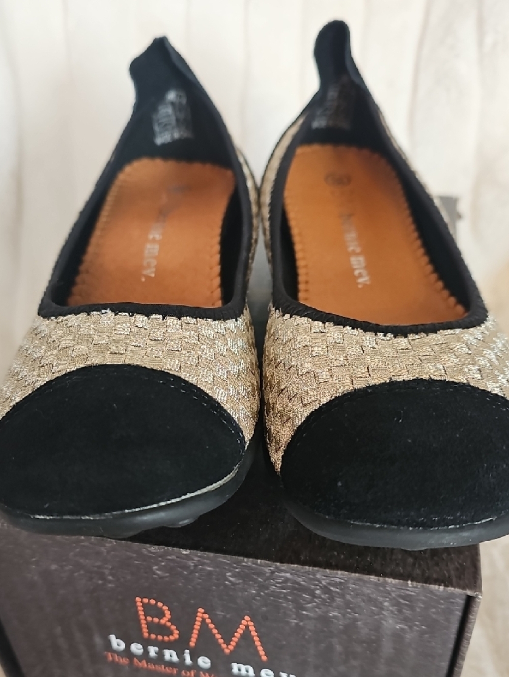 bernie mev. Gold Woven Ballet Flats with Black Trim - Picture 5 of 10